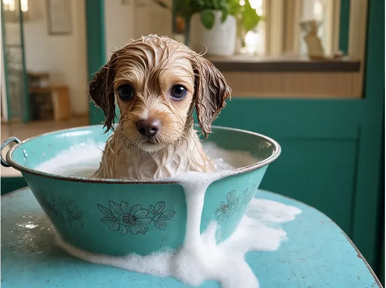 cane che fa il bagno