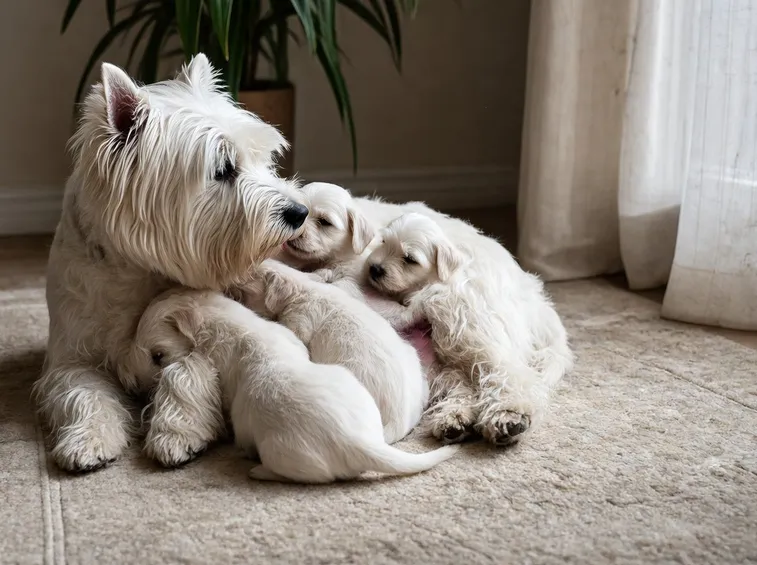 White terrier e i suoi cuccioli